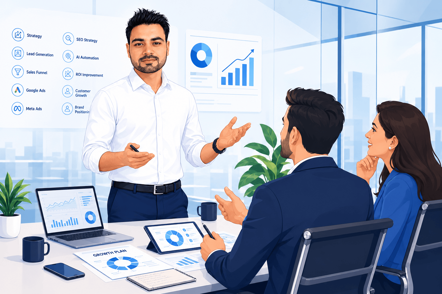 Rakesh in a consultation meeting with a client, walking through strategy and growth plans