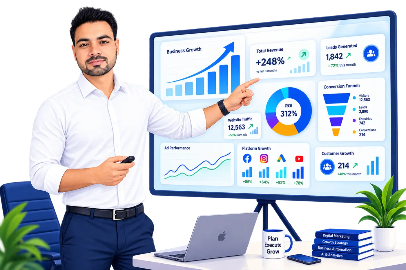 RK Vridhi Digital client growth results dashboard — revenue, leads and ROI